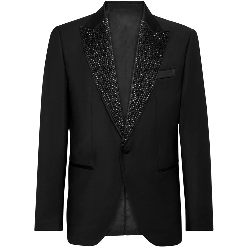 Luxury Black Suits for Men One Button Crystal Peak Lapel Slim Fit 2 Piece Jacket Pants Sets High Quality Prom Male Clothing