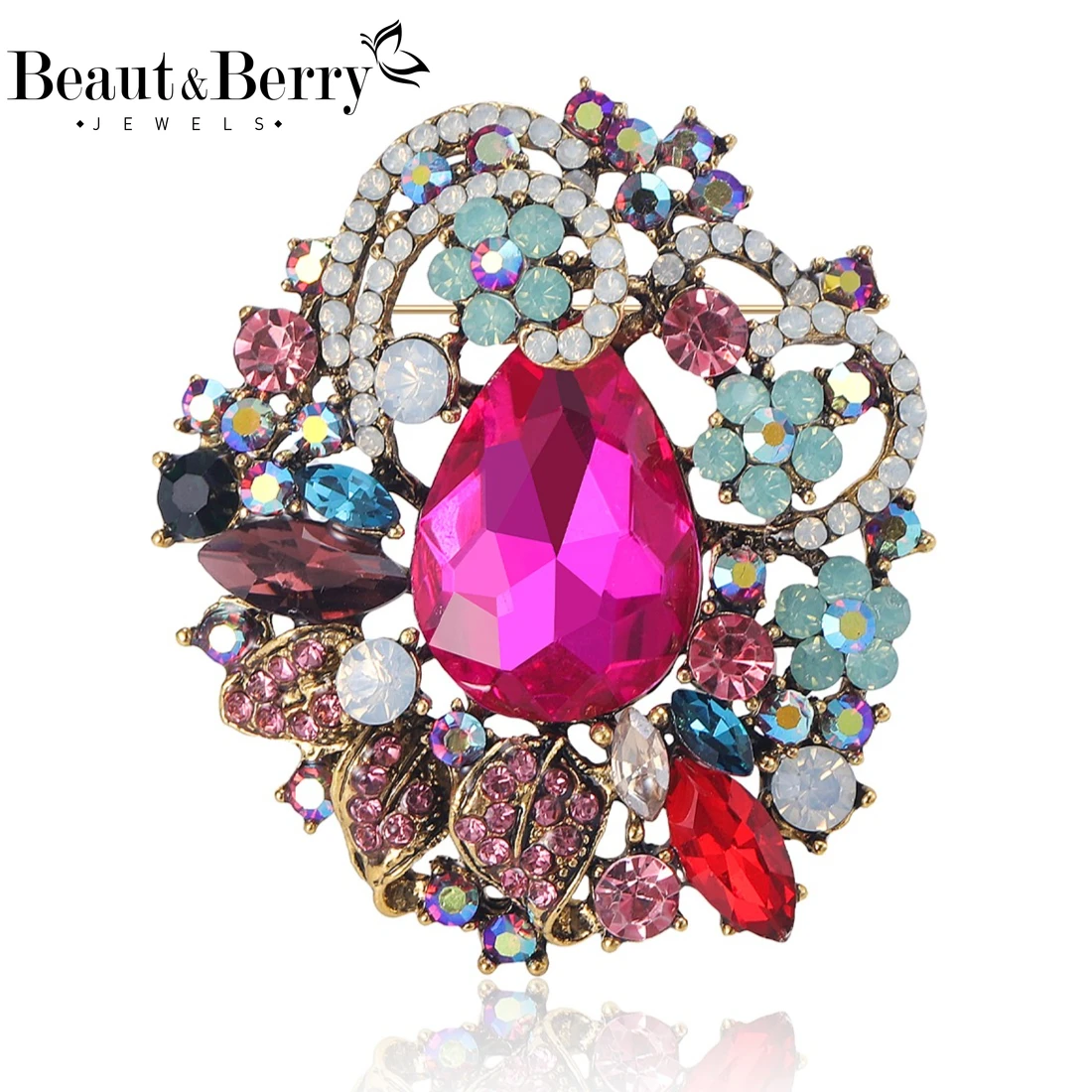 Beaut&Berry Trendy Rhinestones Flower Brooches for Women Unisex Gem Pins Casual Party Jewelry Accessories Gift Decoration