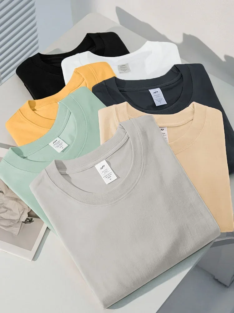 100% cotton heavy t-shirt summer solid color 230 g men's white casual all-match round neck fall shoulder short sleeve