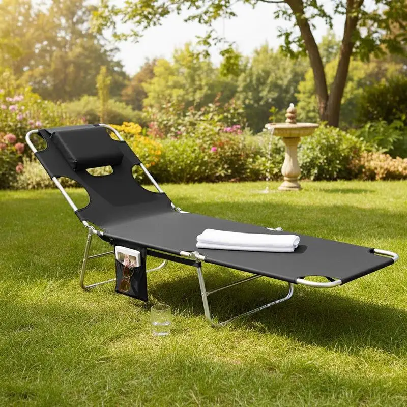 Foldable Sun Lounger - Beach Chaise Lounge with Reading Hole, Arm Slots, 5-Position Adjustable Backrest, Side Pocket, Pillow for Patio, Garden, Beach, Pool, Black