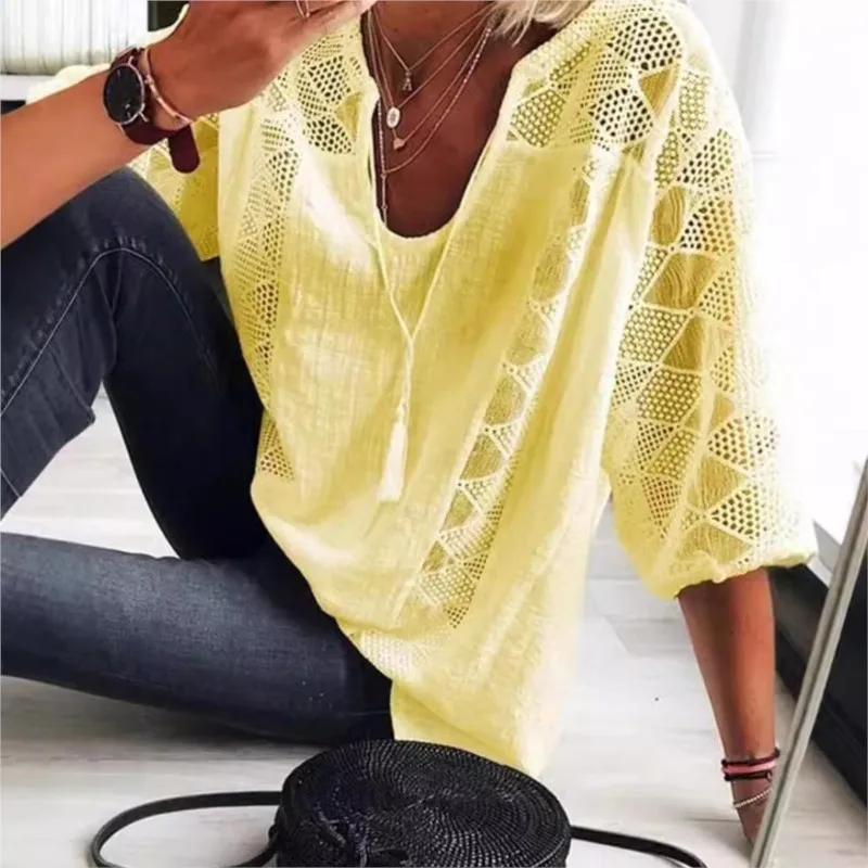 Elegant U-neck 7-quarter Sleeve Top For Women Spring Summer Fashion Solid Color Lace Hollow Splicing Shirt T-shirt Female