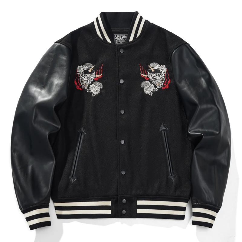 High Street Embroidered Jacket Streetwear Harajuku Hip Hop Coat With Ghost Embroidery Loose Fit Varsity Baseball Outerwear