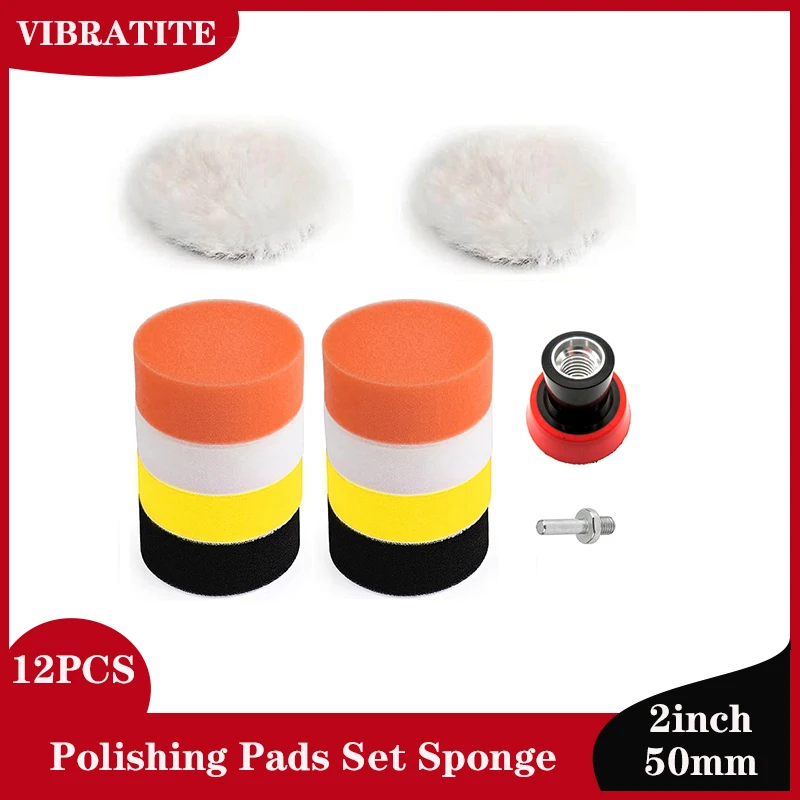 12Pcs 2 Inch Detail Polishing Sponge Pad Kit with Wool Pad, Sanding pad & M14 Thread Shank Buffer Pad for Car Polishing & Waxing