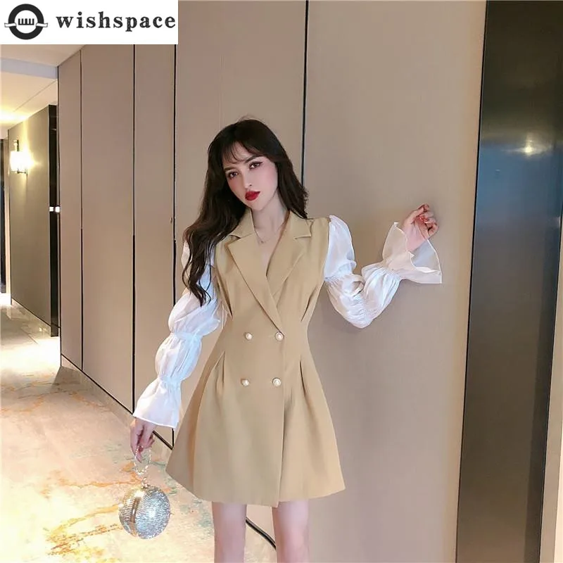 

2023 New Lotus Leaf Sleeves Long Sleeve V-Neck Suit Dress Elegant Women's Mini Dress Summer Slim Fit Clothing Short Robe