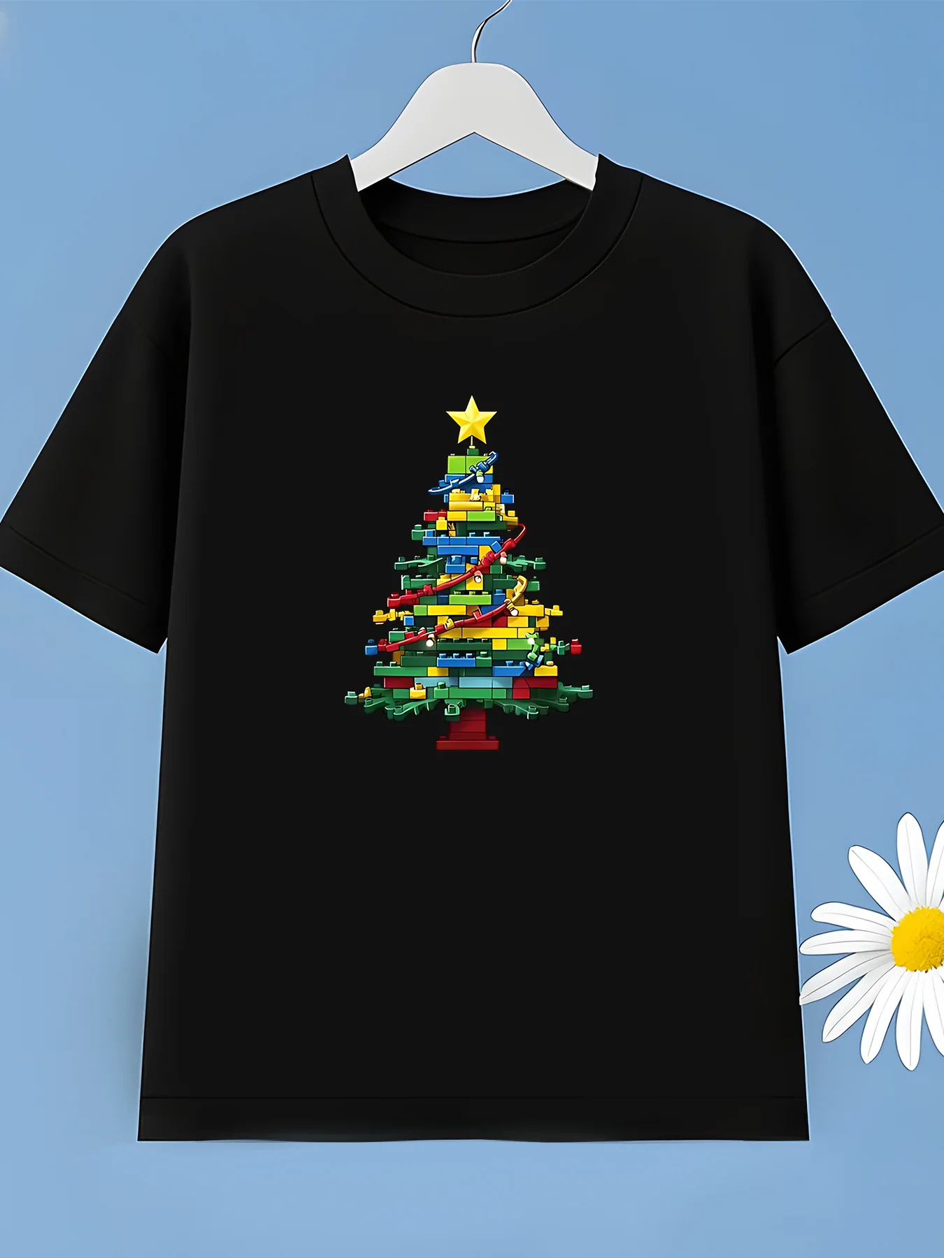 Building Block Shaped Christmas Tree Pattern Design T-shirt, Summer Trend Breathable Round Neck Parent-child Top