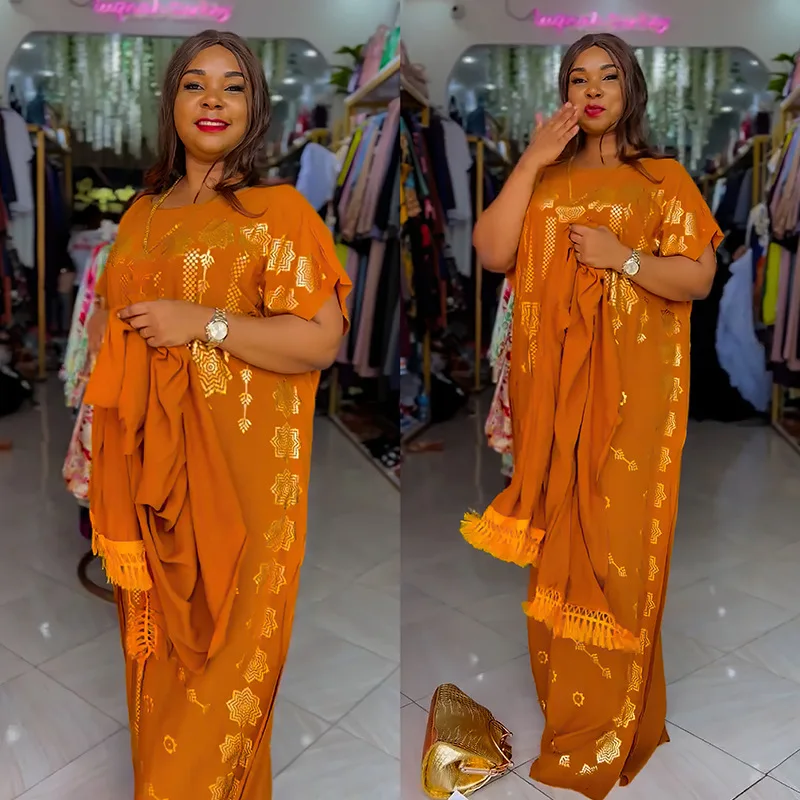 

African Dresses For Women Dashiki Satin Maxi Dress 2024 Spring Summer Muslim Fashion Abaya Traditional Africa Clothing And Scarf
