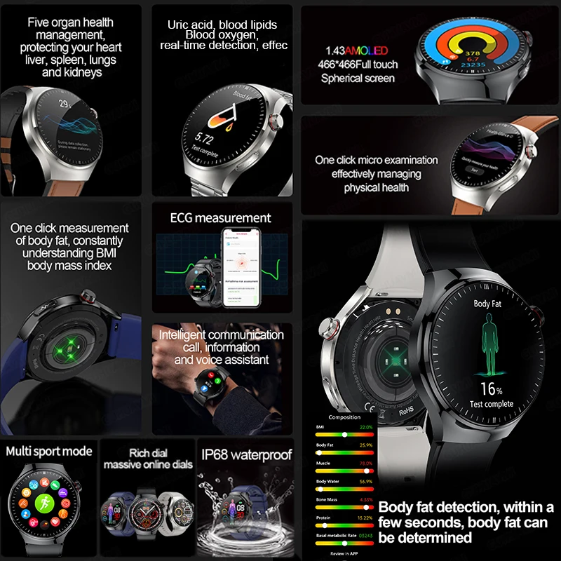 2025 New Sapphire Glass Smart Watch Precise Blood Lipid Uric Acid ECGPPG Body Temperature Voice Bluetooth Call Health Smartwatch