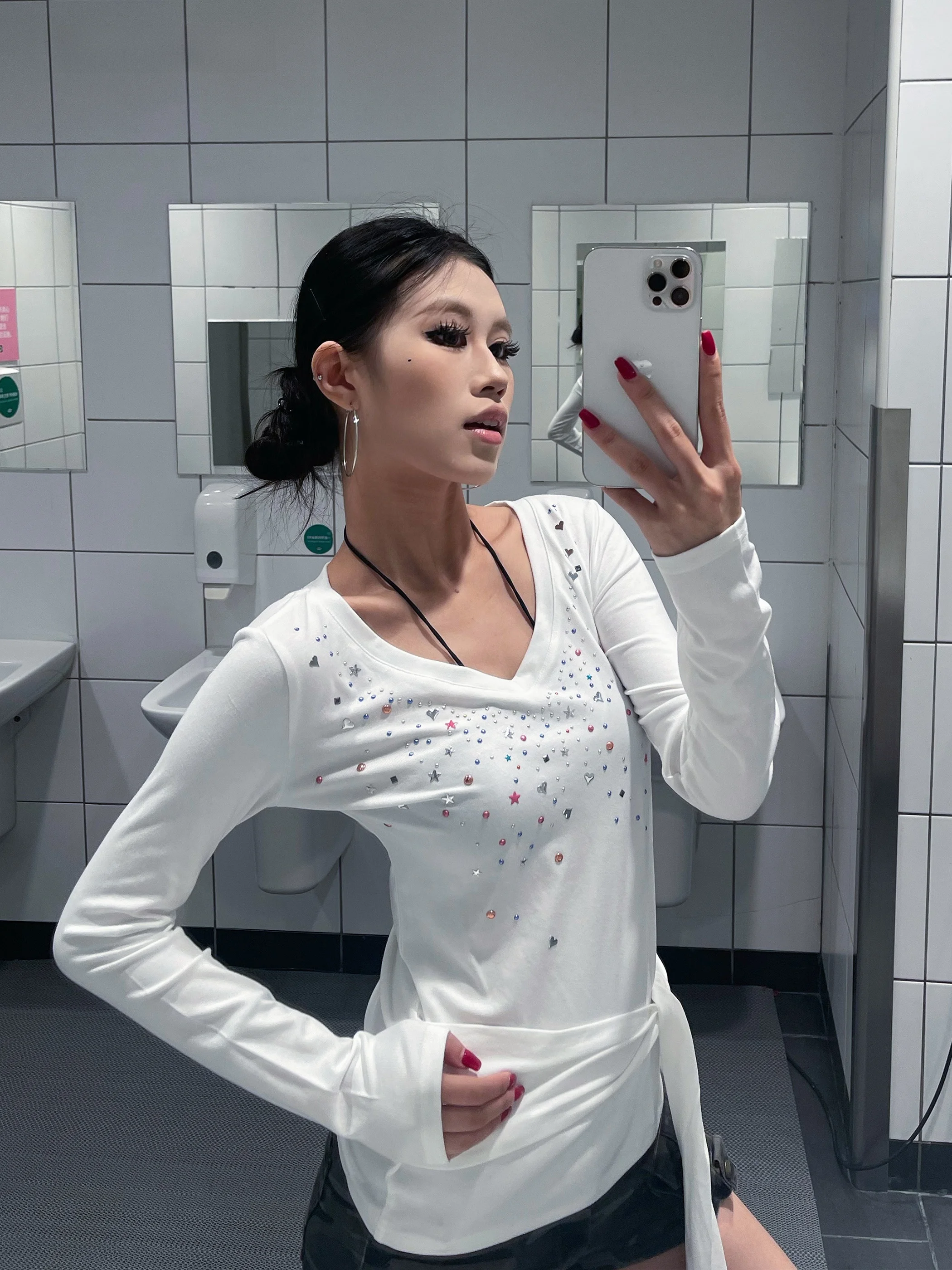 

Женская футболка American Sle Spicy Girl, весенняя, тонкая, с длинными рукавами, с алмазной отделкой, повседневная, свободного кроя, влагоотводящая, топ