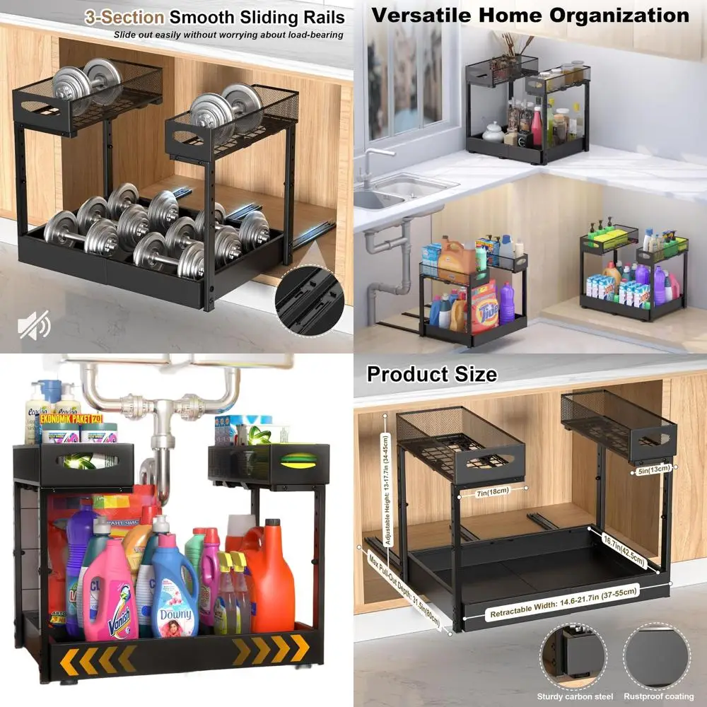 

Органайзер под раковину, расширяемый по ширину 14–21 дюйм, регулируемый по высоте 13–17 дюймов, 2-уровневая металлическая выдвижная полка для хранения под раковиной с 3 шт.