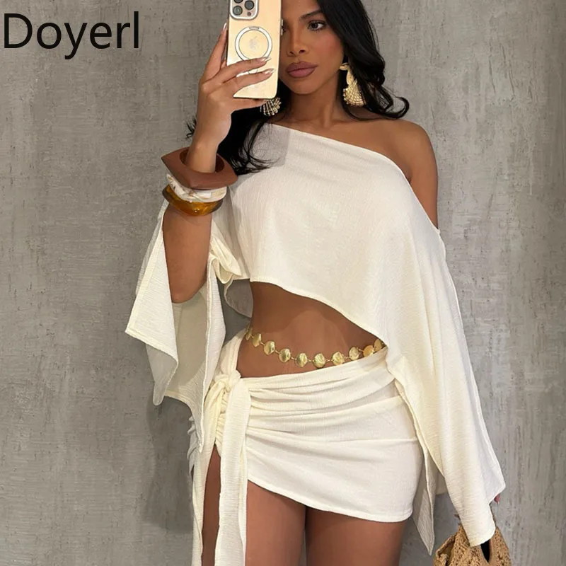 

Doyerl Sexy Beach Club Outfit Woman 2 Piece Set Holiday Crew Neck Irregular Crop Top and Lace-up Mini Skirt New in Matching Sets