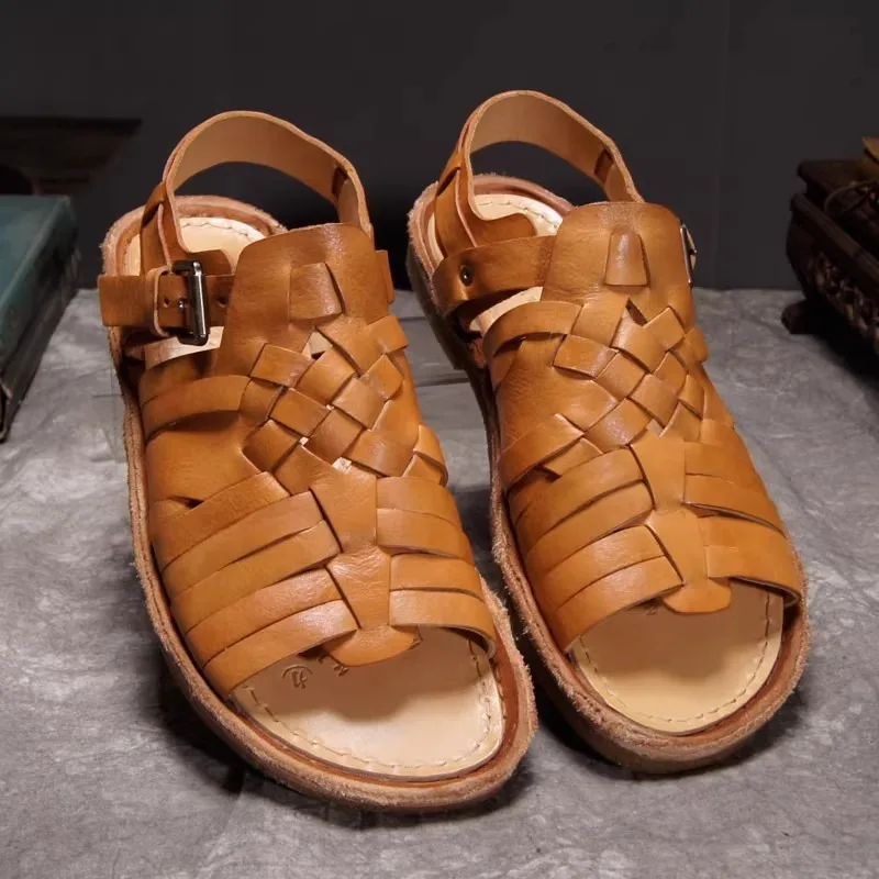 

Тканые римские сандалии ручной работы из натуральной кожи, мужские повседневные пляжные туфли из воловьей кожи растительного дубления в стиле ретро на мягкой подошве, мужская летняя обувь