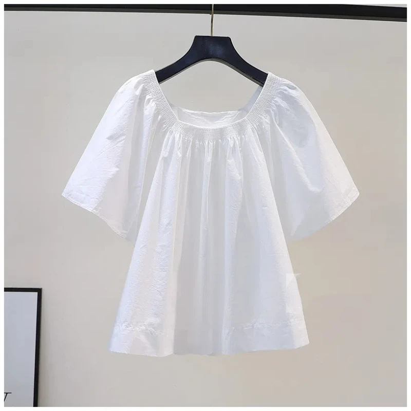 Korean Fashion Summer Pure Cotton Women\'s O-Neck Solid Pleated Simplicity Sweet Loose Ruffles Short Sleeve A-line Shirts Tops