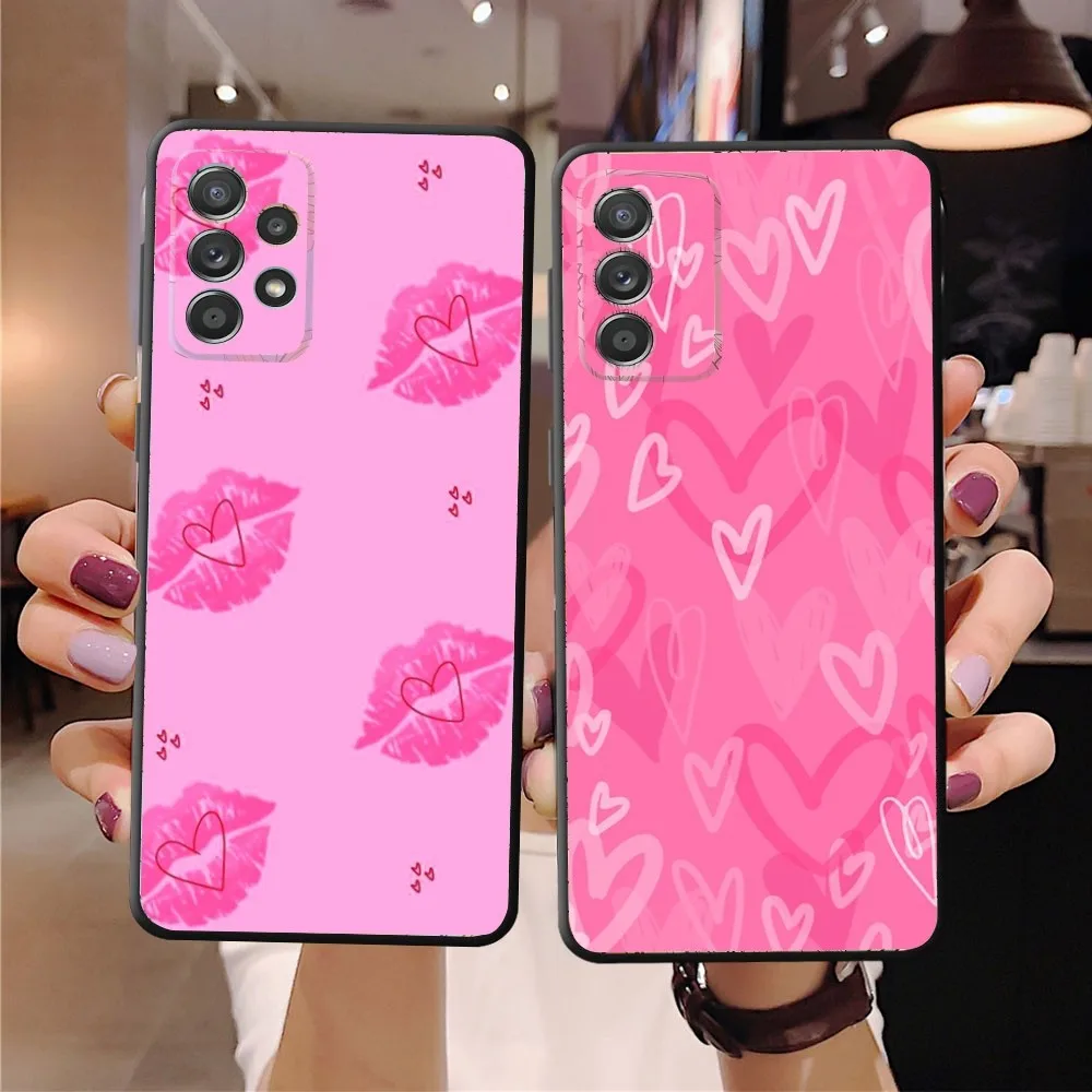 Gradient Pink Sweet Love Heart Phone Case Black Silicone For Samsung Galaxy S23,21,20,FE,24,22,Ultra,S10E,10,9 ,8,Plus