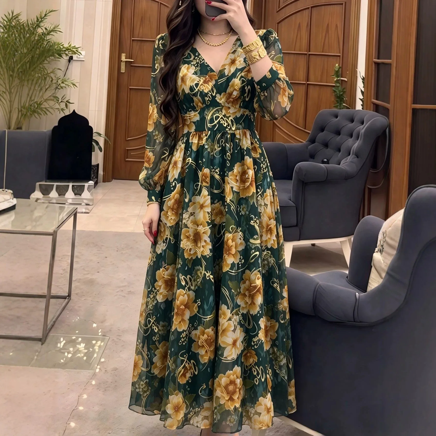 Women's New Autumn. Collection: V-neck Green Floral. Print, Long-sleeved Fitted-waist, And Flared Skirt Clothes Beach Lace