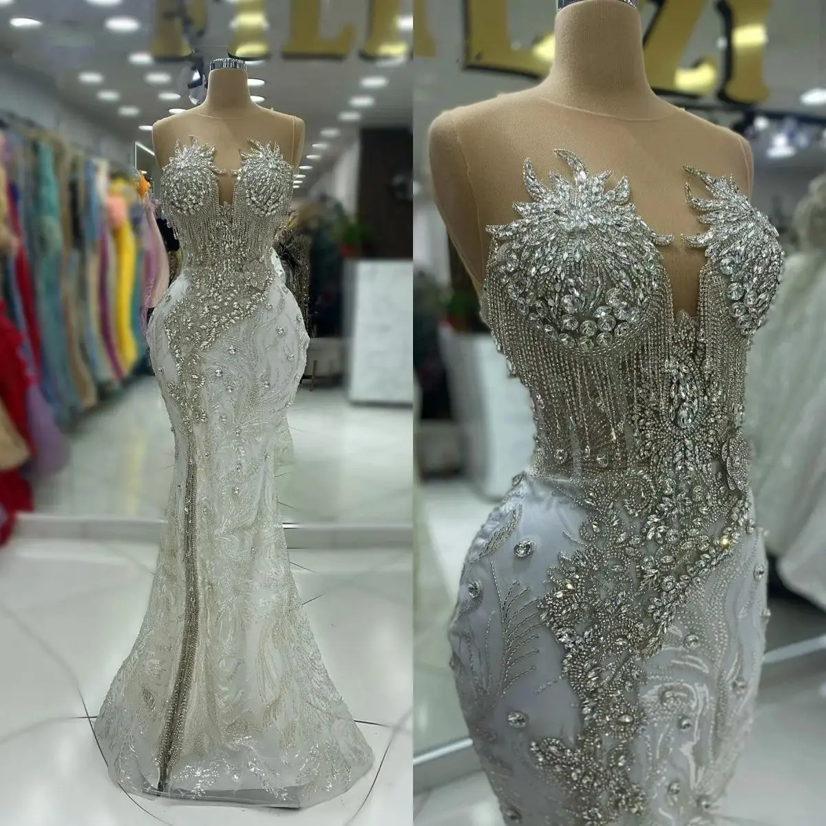 Customized Mermaid Wedding Dress Crystal O Neck Sleeveless Bride Dresses Beading Bridal Gowns Vestidos