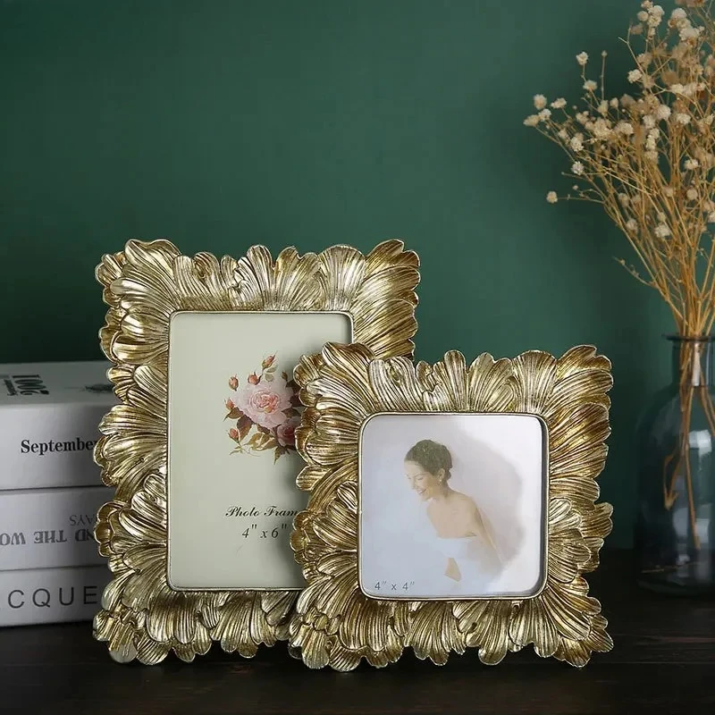 Nordic Vintage Home Photo Frame Family Portrait Nightstand Golden Palm Leaf Border Resin Picture Frames Multiple Size Options
