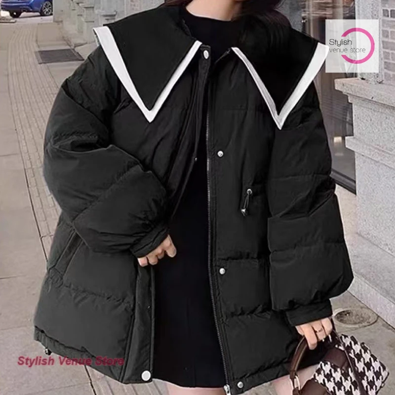 

French plus size loose winter new contrast color cotton-padded jacket female fashion Joker waist cotton-padded jacket warm coat.