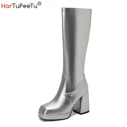 Silver Gold Knee High Boots Women 2022 Four Seasons 10cm Chunky Heels Shoes Square Toes Long Booties Big Size 48 Botas Mujer