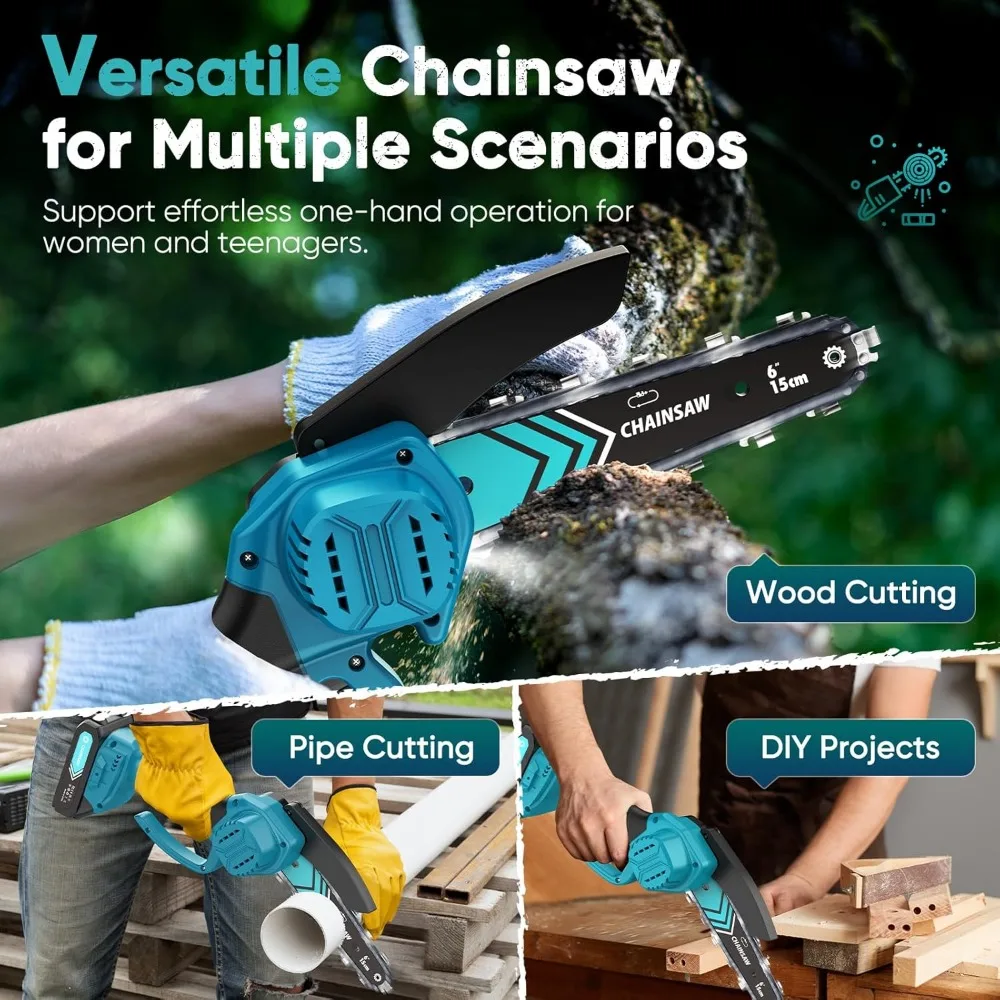 6-Inch Mini Chainsaw, Cordless with 2 Batteries, Portable for Wood Cutting and Tree Trimming, Ideal Gift for Men in Blue