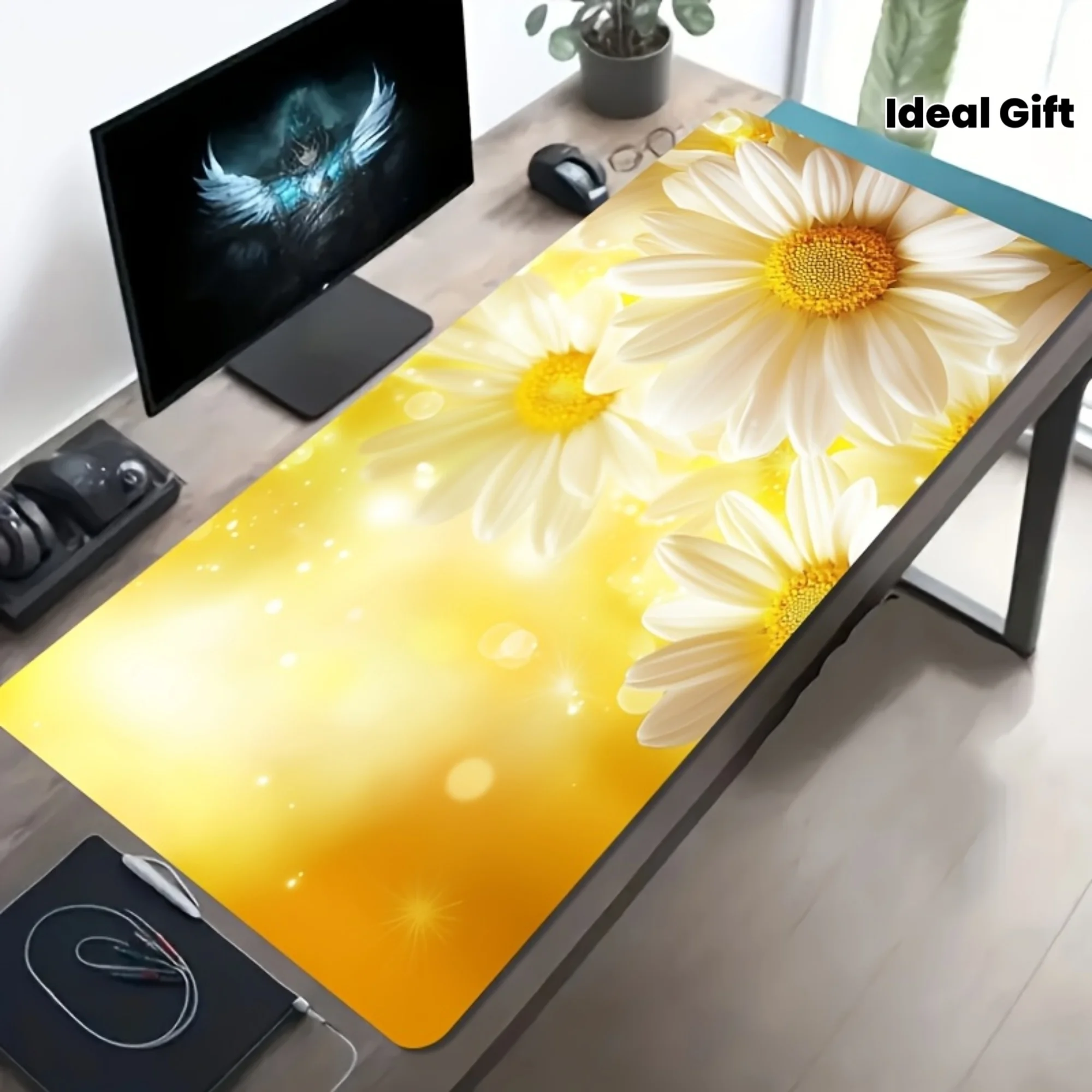 

1 большой игровой коврик для мыши с ярко-желтым фоном и мерцающим белым узором в виде ромашек, нескользящая моющаяся резиновая основа