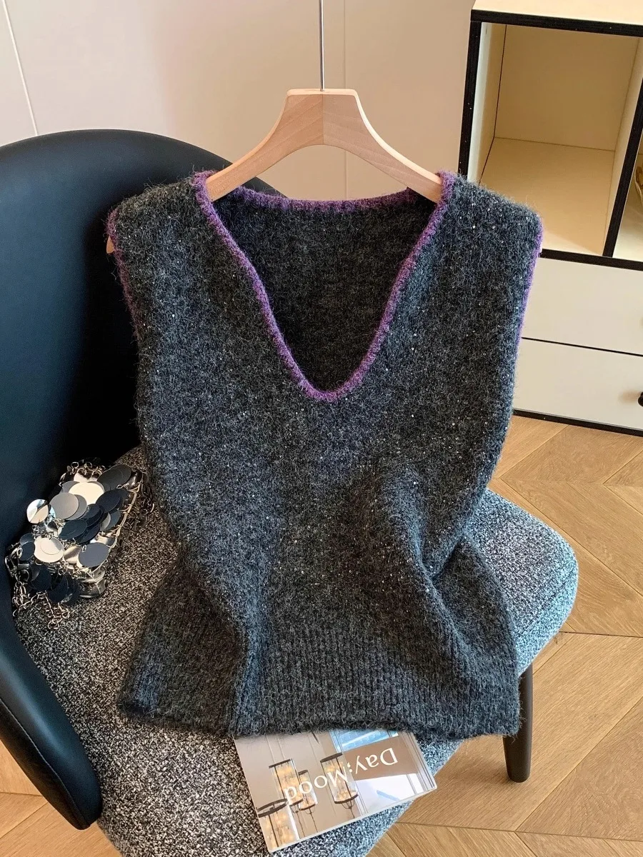 

Fashionable Glitter Embroidery Vest Women's Style Spring Autumn Vintage Slim Fit Sleeveless Knitted Top V Neck Thickened