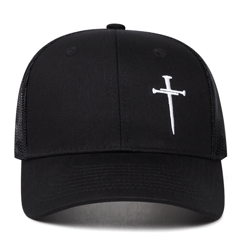 1pc Fashion Breathable Mesh Hat Side Cross Embroidered HipHop Hat Outdoor Adjustable Decorative Hat Sunshade Hat Unisex Mesh Hat