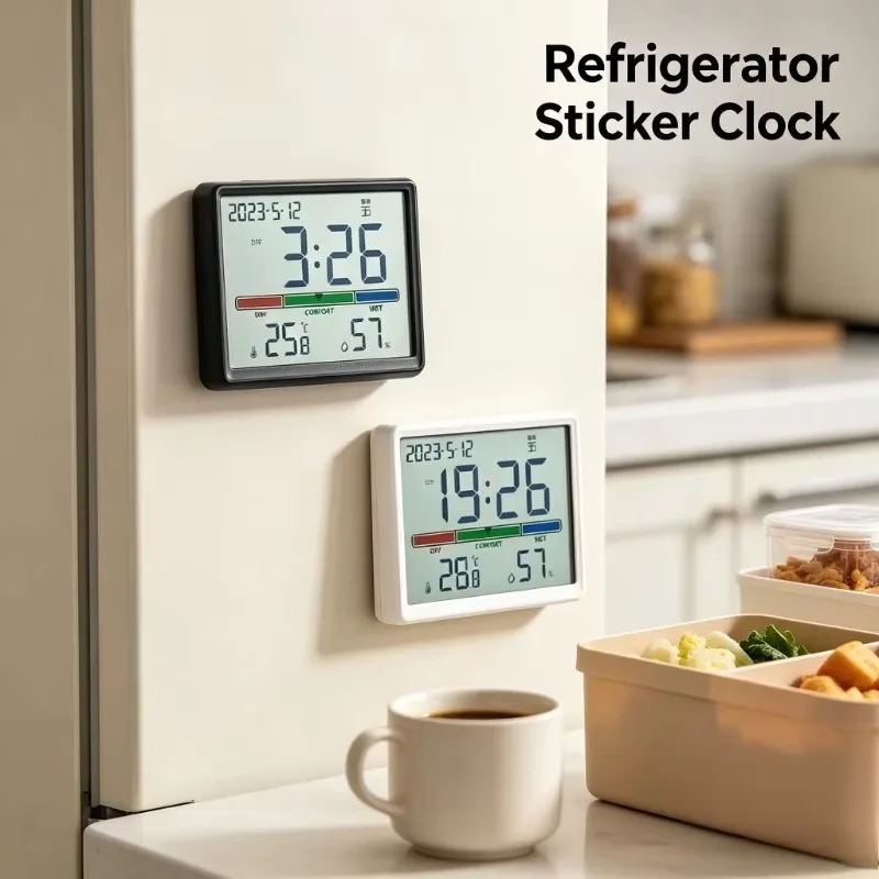 Magnetic Clock Electronic Thermometer Wall-Mounted Electronic Clock for Home Use Indoor Baby Room Kitchen Refrigerator
