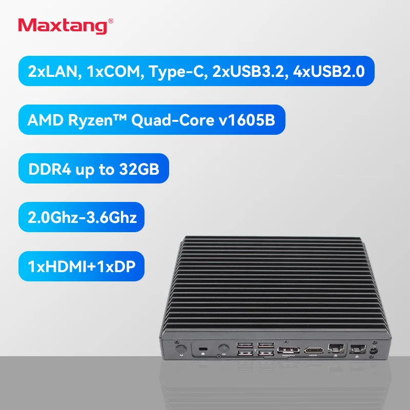 كمبيوتر صغير بدون مروحة Maxtang مع AMD Ryzen ، معالج رباعي النواة ، Windows و Linux ، V1605B