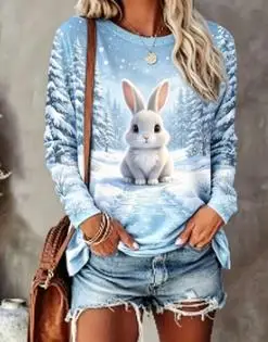 Women's Winter Raccoon Top Dark Blue Snow Print Long Sleeve T Shirt