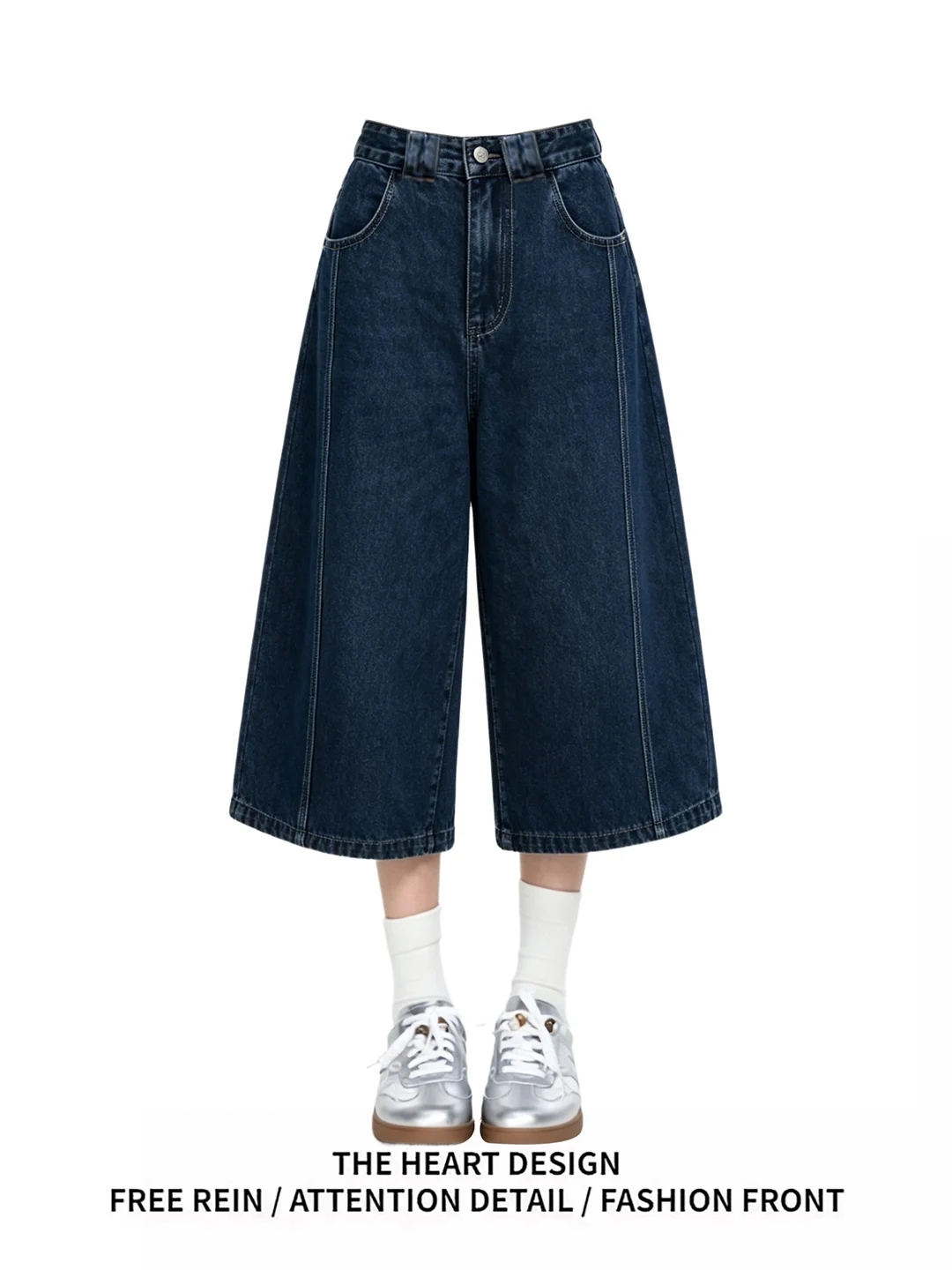 

American Retro Washed Denim Wide Leg Seven-Foot Pants Summer Loose Fit Straight Short Shorts Women's Casual Wear Blue Jeans