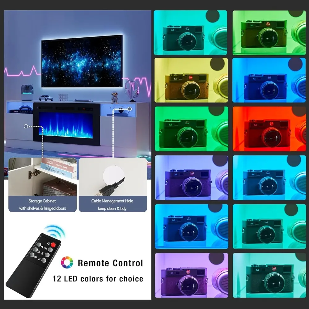 حامل تلفزيون مدفأة، مركز ترفيه بإضاءة LED لأجهزة التلفاز حتى 80، باب عالي اللمعان، وحدة تحكم تلفزيون حديثة لغرفة المعيشة #5