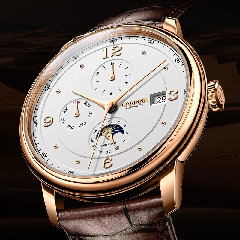 LOBINNI L9225 Function Display 24-Hour Format Date Day Month 40mm Men's Mechanical Watch Tianjin 1653 Movement Sapphire 50M