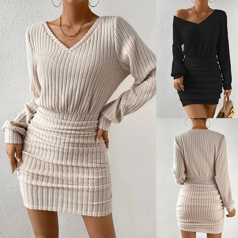 

Women's Autumn Winter Solid Sweater Mini Dress Female Casual Wrap V-neck Long Sleeve Warm Bodycon Short Dresses Robe Y2k Платье