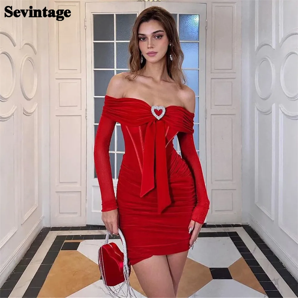 

Sevintage Fashion Red Mermaid Prom Dress Strapless Off The Shoulder Pleated Long Sleeve Above Knee Evening Dress robes de soirée