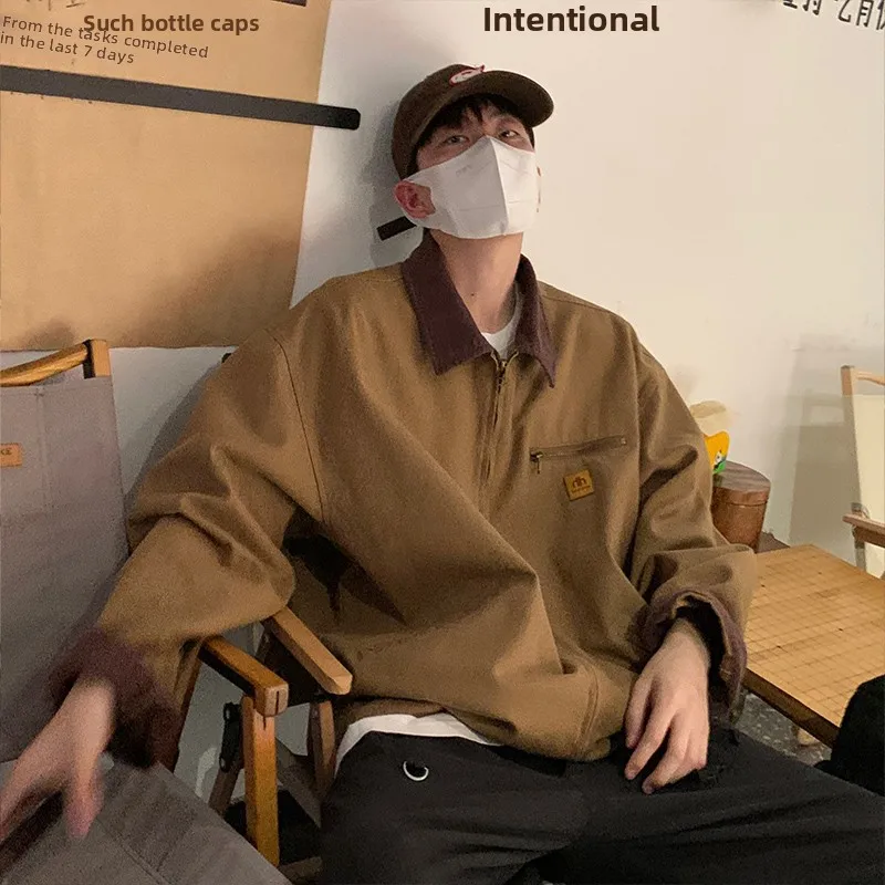 

American Retro Brown Collar Jaet Men's Spring Autumn Couple Workwear irt Sle Coat Loose Fit Youth Trend Zipper Closure