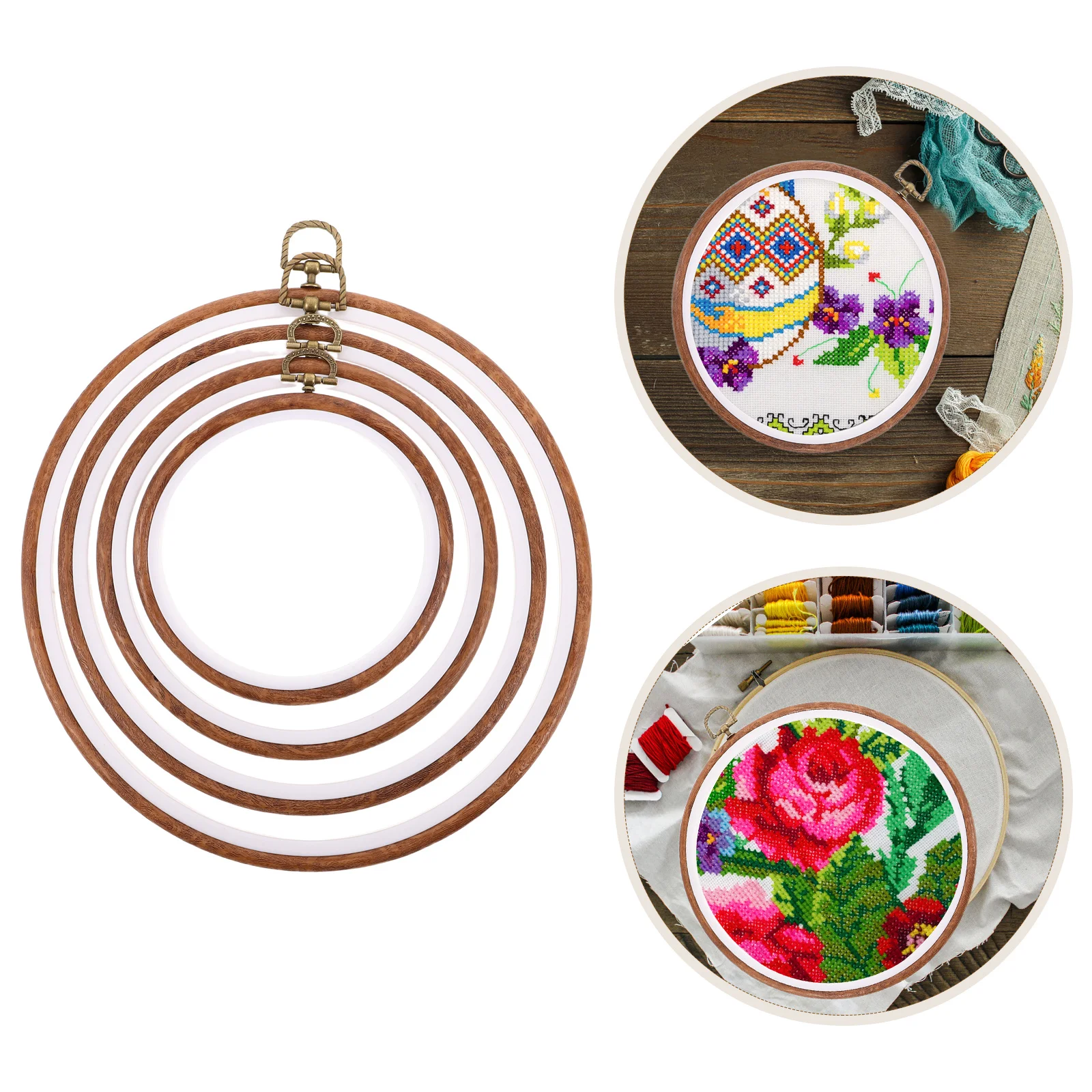 

4Pcs Round Imitated Wood Embroidery Hoop Plastic Cross Stitch Rings for DIY Needlework Craft Sewing Display Decoration