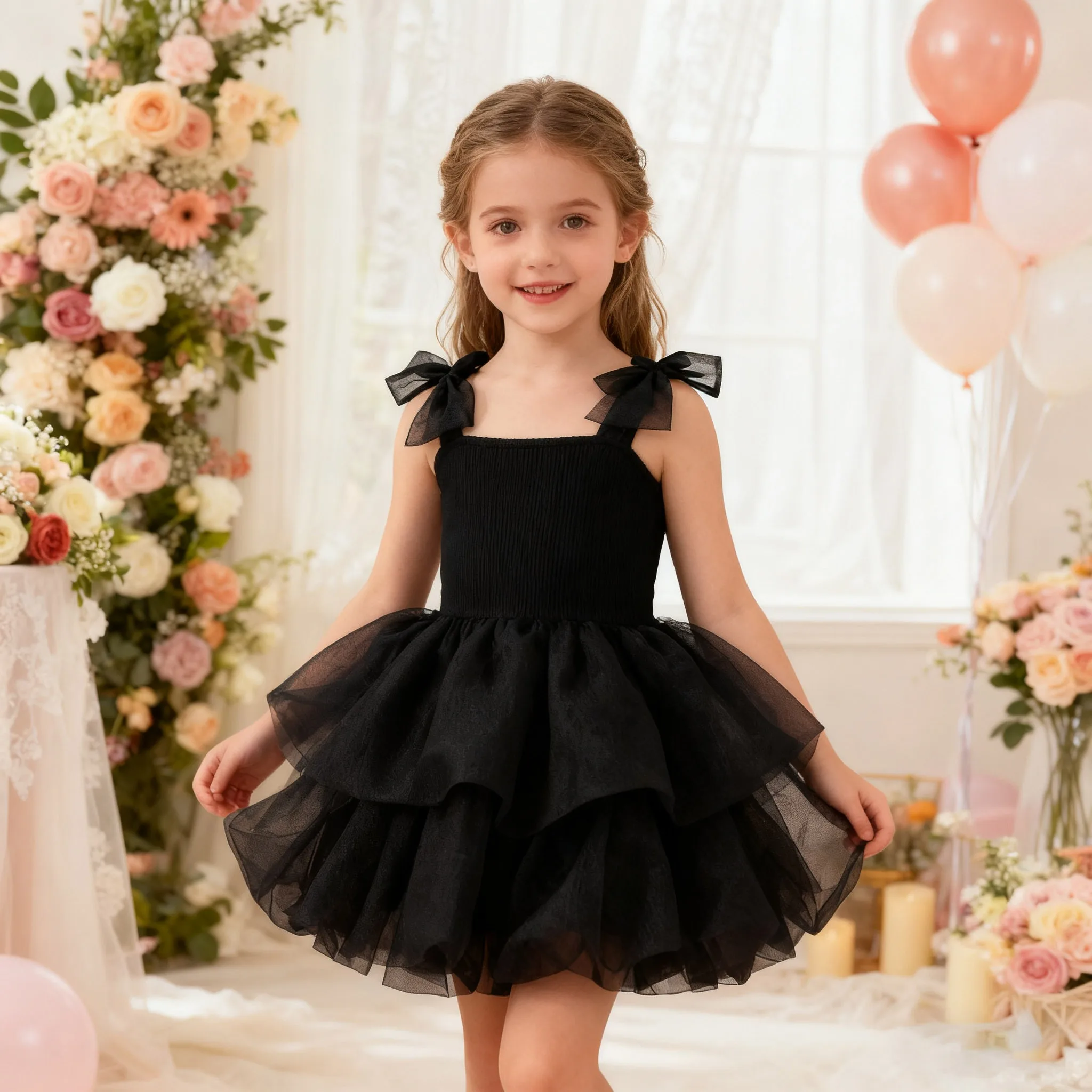 Elegant Black Girls Sleeveless Tutu Dress Princess Gown for baby Summer A-Line Girls Clothes Formal Events Party Carnival Easter