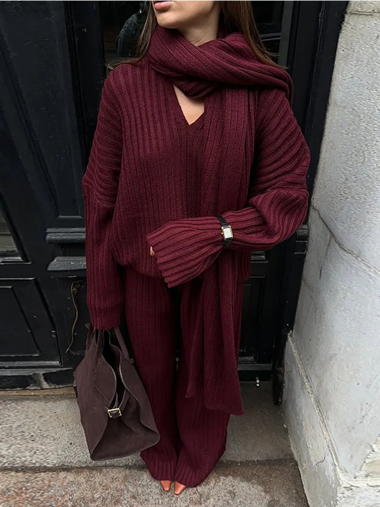 Scarf Collar V-neck Women\'s Knitted Sweater Suits Elegant Burgundy Color Loose Wide Leg Pants Set 2024 New Lady Street Knitwear