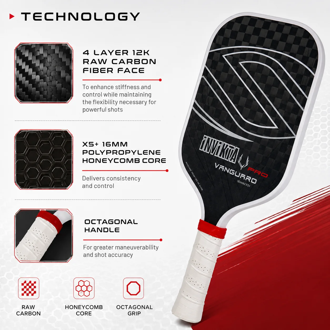 12K Original Carbon Fiber Pickleball Paddle with 16mm Polymer Honeycomb Core for Enhanced Rotations Strength And Control