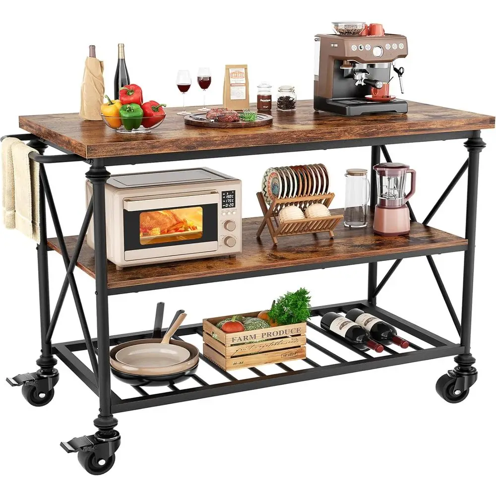 Kitchen Island Cart with Wheels, 3-Tier Wood and Metal Rolling Kitchen Island Tale with Pipe Legs, StoraShees & Lockale Casters