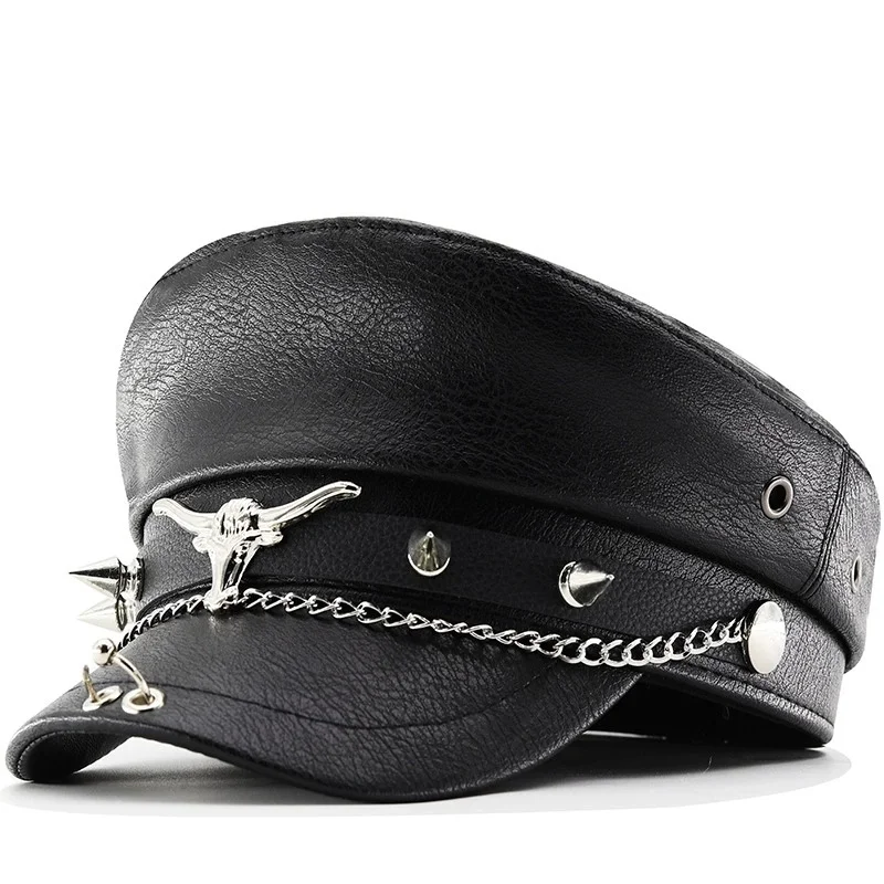 Spring/Autumn Breathable Versatile Leather Flat-Top Cap: Winter Bull's Head Stud Chain Retro Navy Cap for Women with Curved Brim