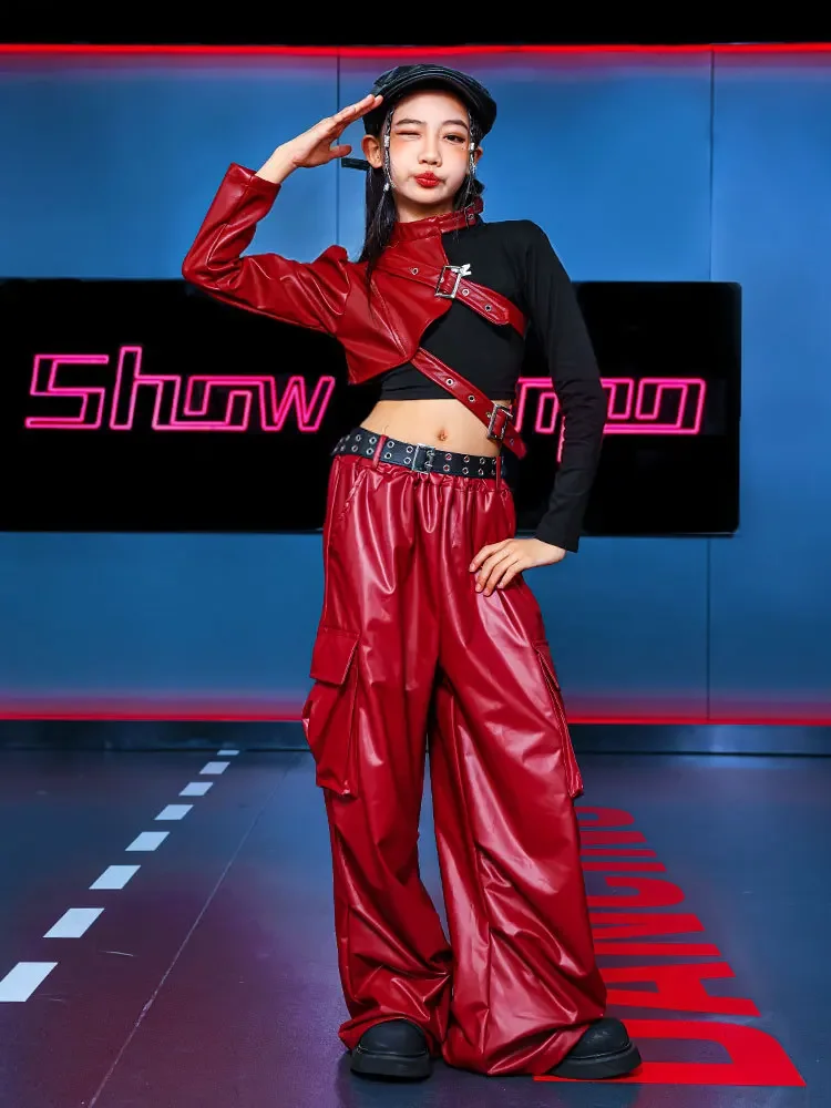 Traje de Hip Hop rojo para niñas, Top corto, cubiertas de brazo rojo, pantalones de cuero para mujeres, ropa de Jazz, conjunto de escenario de baile callejero, novedad de 2025