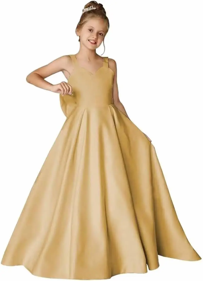 فساتين الفتيات زهرة لحفلات الزفاف الساتان الأميرة فستان المسابقة للأطفال حفلة موسيقية الكرة أثواب مع فستان الفتيات عقدة القوس