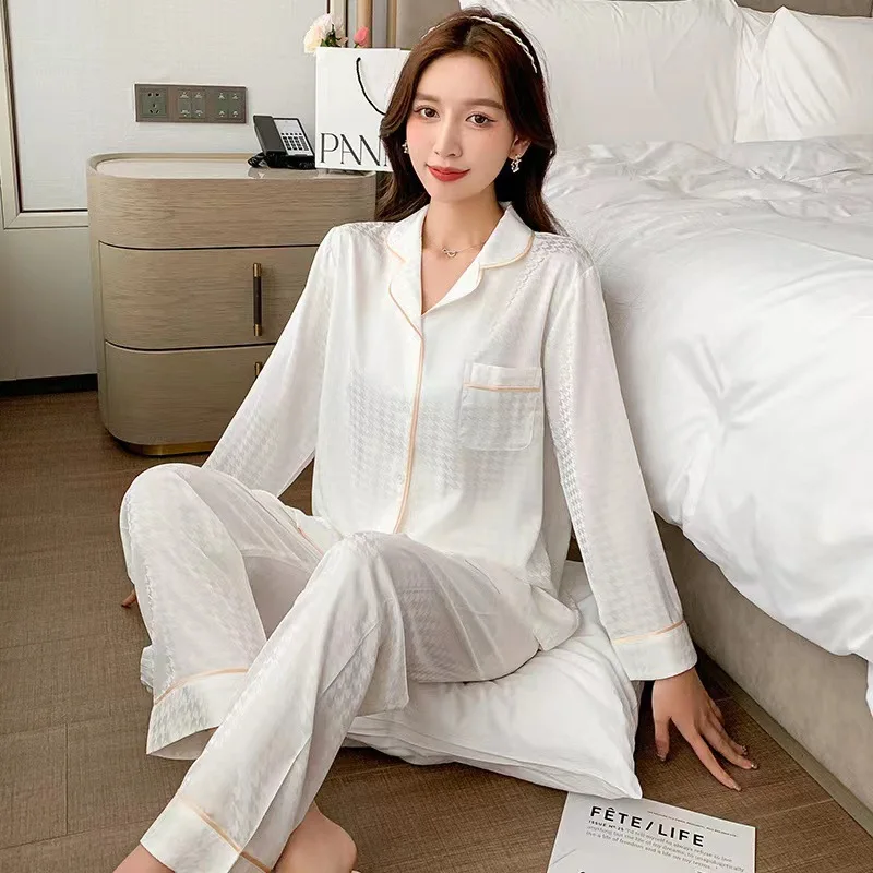 Ice Silk Pajamas for Women Long Sleeve Long Pants Spring Autumn Two-piece Set Luxury Pijamas Fashion Leisure Female Sleepwear