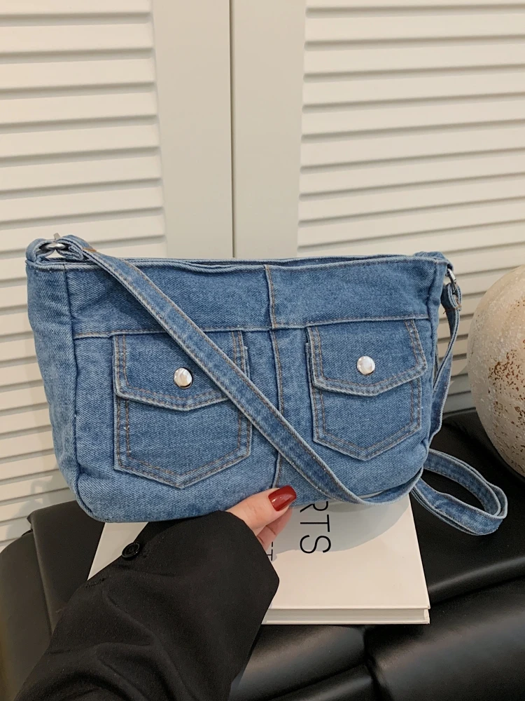 Vintage Denim Workwear Style Women's Tote Bag Underarm Commuter Bag Summer Fashionable Single Shoulder Slant Cross Bag