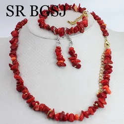 6-8mm Red Coral Natural Gems Women Chockers Necklace Bracelet Earrings Jewellry Set 17.5