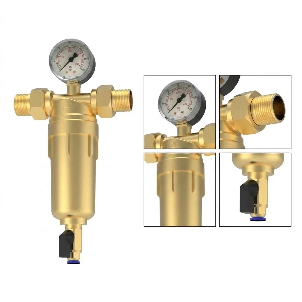 Copper Pre Filter Water Filter With Pressure Gauge Household Tap Sediment Purifier Whole House Water Pipe Protector Accessory