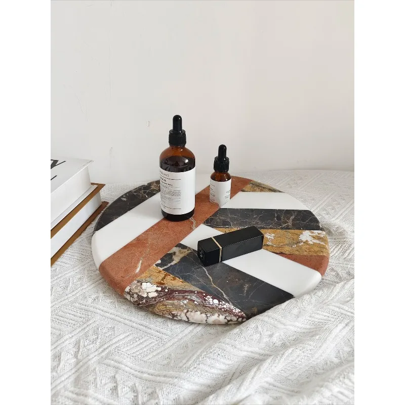 100% Natural Marble Round Tray, Designer Patchwork Cheese Plate & Decor