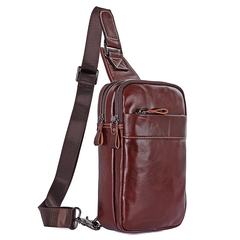 Men Anti-theft Chest Bag Top Grain Cowhide Large Capacity Casual Leather Crossbody Shoulder Bag