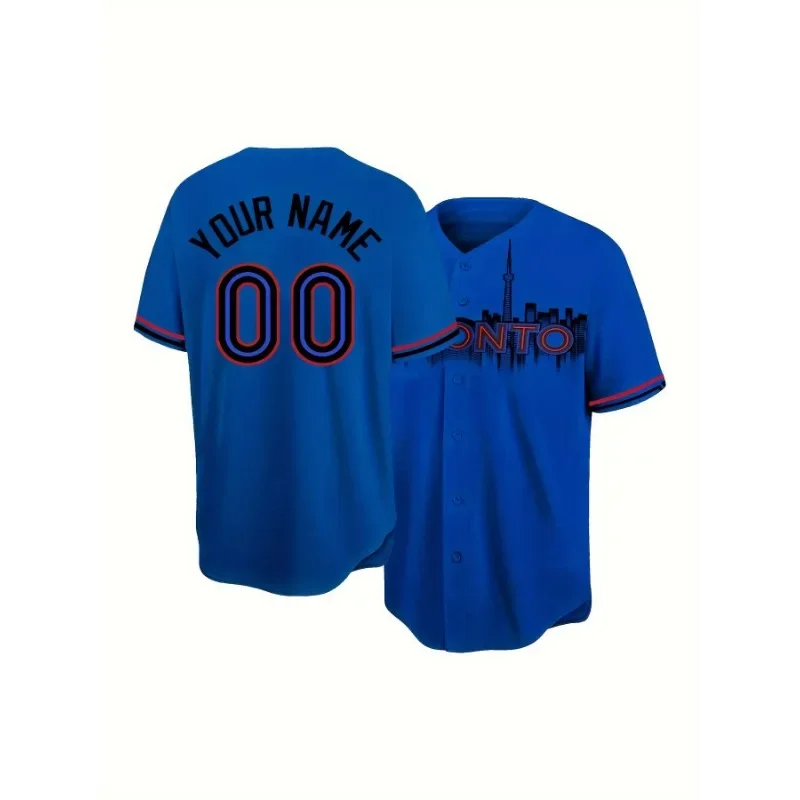 تخصيص اسم ورقم الرجال التطريز البيسبول جيرسي تورونتو الأزرق الخامس الرقبة شخصية قصيرة الأكمام زر أسفل DIY القمصان #4